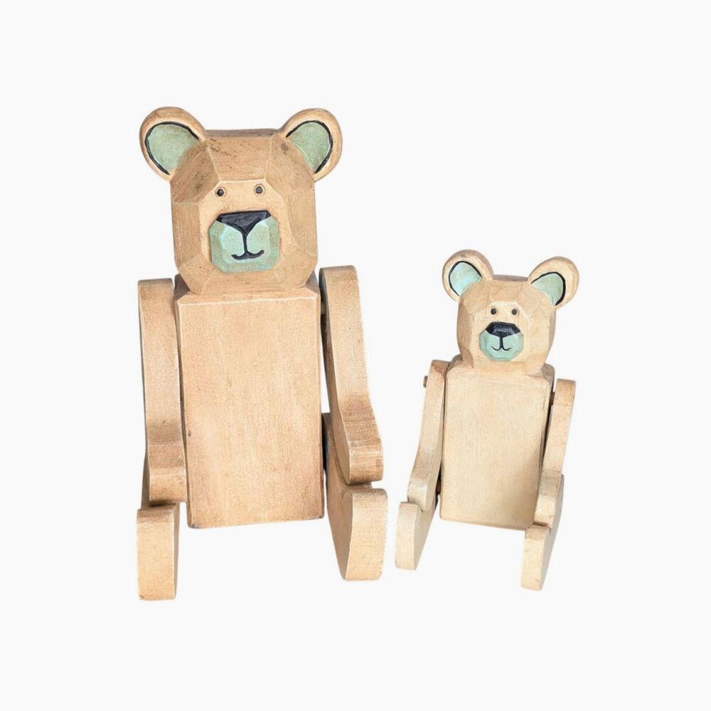 Vintage Wooden Articulated Set of 2 Bears Jointed Rustic Nursery Decor Brown Grn